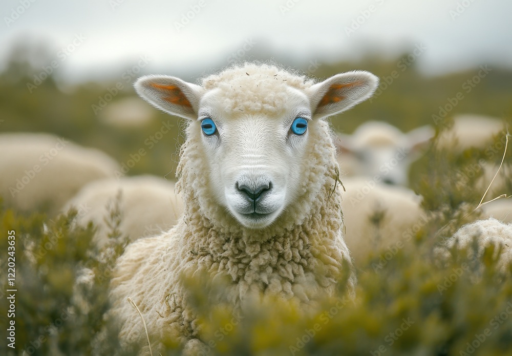 Poster captivating close-up of a sheep in a natural setting surrounded by greenery, emphasizing its unique 