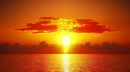 A stunning orange sky at dusk, with vibrant hues of red and gold reflecting beautifully on the calm ocean waters