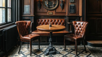 Cozy pub corner with leather chairs, wooden table, and patterned floor.