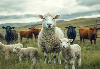 Fototapeta premium Charming Rural Scene with Sheep and Cattle Grazing in a Lush Green Meadow Under a Dramatic Sky, Capturing the Essence of Farm Life in a Serene Landscape