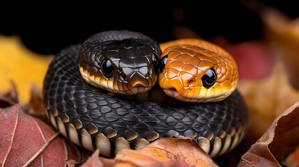 Fototapeta premium Two intertwined snakes resting on vibrant autumn leaves in a serene natural setting