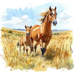 Obraz premium A beautiful watercolor painting of a mare and her foal running through a sunny meadow with hills in the background