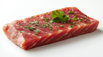 A piece of meat with parsley on top