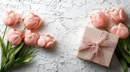 Pink tulips and gift box on textured surface for celebration