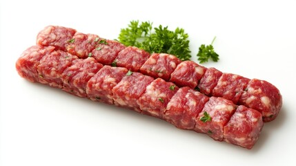 A piece of meat is cut into small cubes and is sitting on a white plate