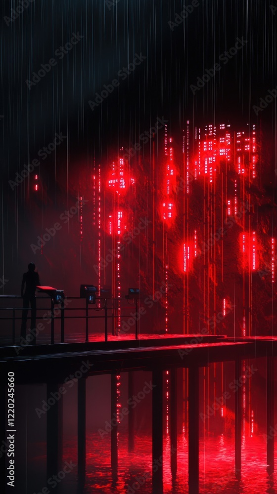 Poster a figure stands on a dark platform, illuminated by cascading red lights, evoking a futuristic and my