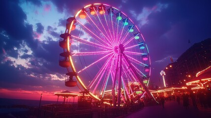 Lit Ferris wheel by the sea at dusk with other illuminated structures