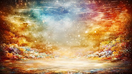 A sky filled with streaks of light from a meteor shower, surrounded by countless twinkling stars, creating a magical celestial scene