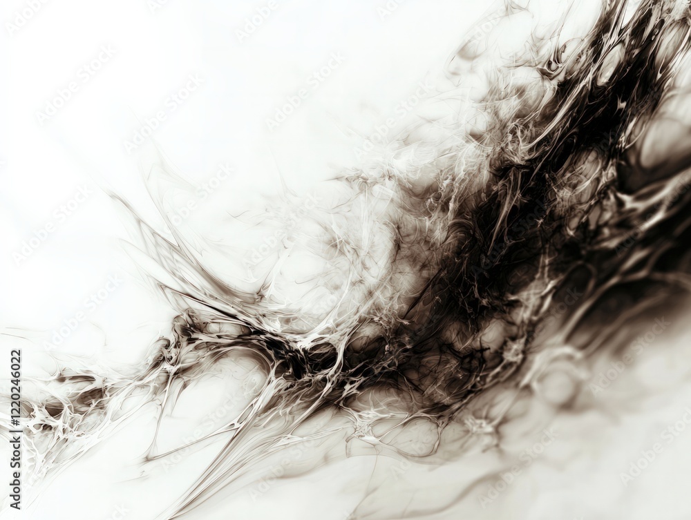 Poster an abstract composition featuring swirling dark lines and textures against a soft white background, 
