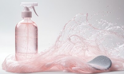 Fototapeta premium Pink liquid splash, spray bottle, cleaning pad.