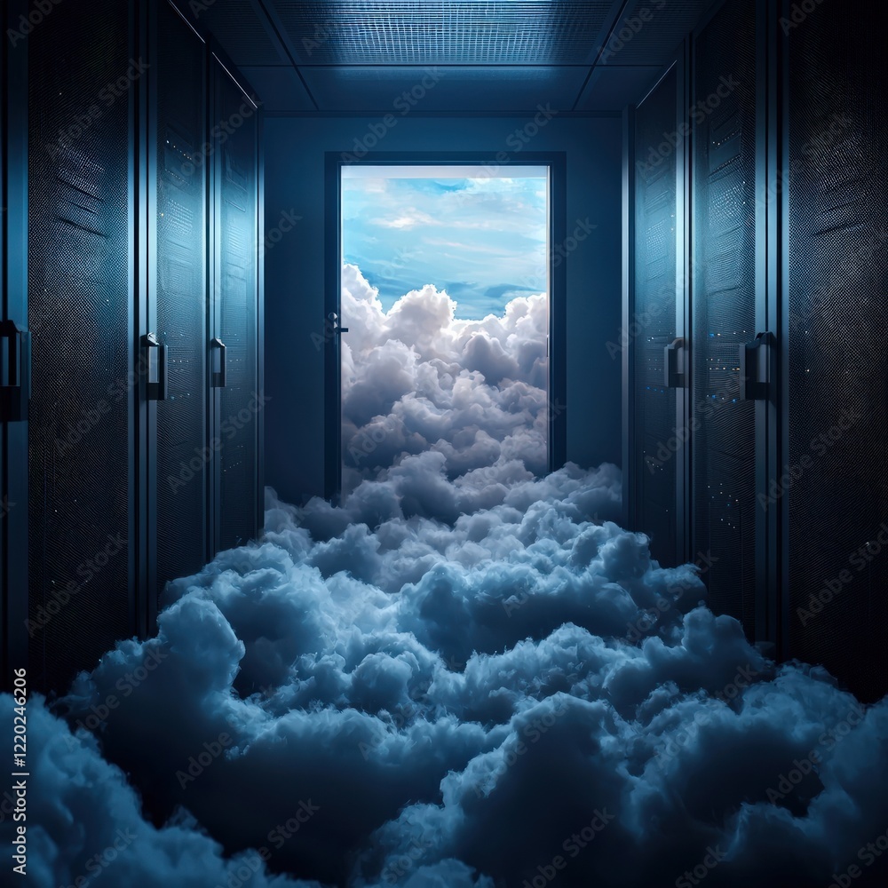 Poster an ethereal scene featuring a doorway surrounded by clouds, creating a surreal atmosphere that blend