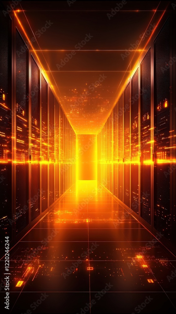 Poster a futuristic hallway illuminated by a glowing orange light, lined with dark panels that create a mys