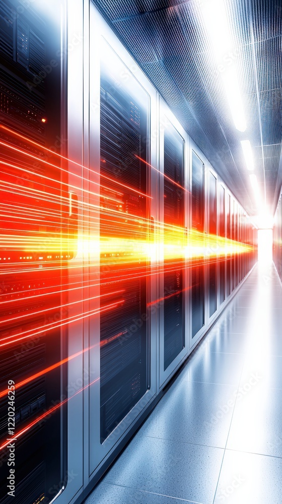 Poster a futuristic data center hallway illuminated by vibrant red light, showcasing rows of sleek servers 