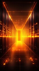 A futuristic hallway illuminated by a glowing orange light, lined with dark panels that create a mysterious and captivating atmosphere.