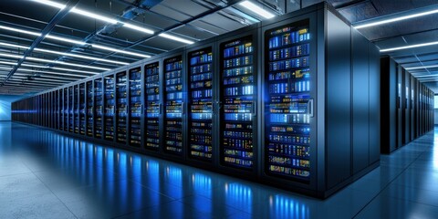 Fototapeta premium A modern data center filled with rows of server racks illuminated by blue lights, showcasing advanced technology and efficient design.