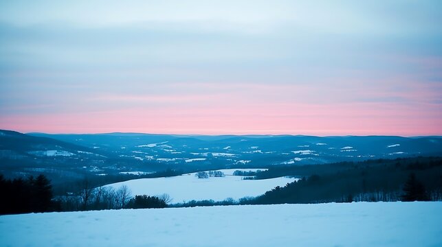 A peaceful winter evening with a soft pink and blue sky, evoking calm and tranquility as the winter night begins to settle in