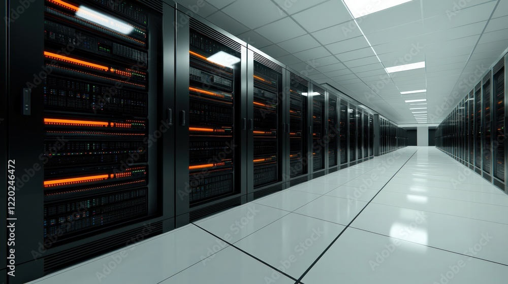 Poster a modern data center corridor lined with server racks illuminated by orange lights, reflecting a hig