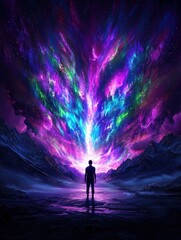 Fototapeta premium A silhouetted figure stands before a vibrant cosmic explosion of colors, merging fantasy and reality in a breathtaking celestial landscape.