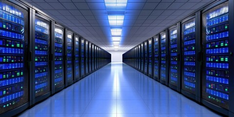 Fototapeta premium A high-tech server room filled with rows of servers, illuminated by blue lights, creating a futuristic and efficient data center environment.