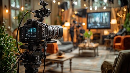 Camera filming people in a studio with lights and background scene on screens