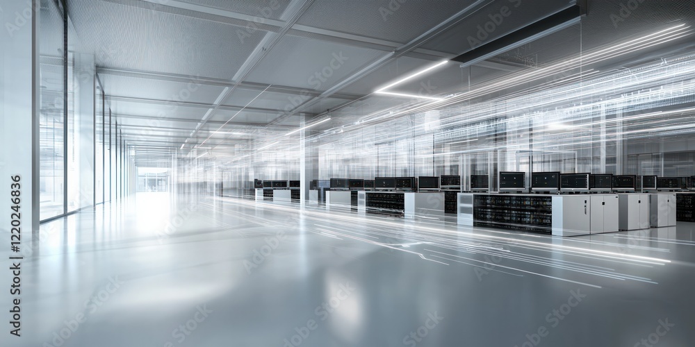 Poster a modern, spacious data center featuring rows of servers, sleek design, and ample natural light, emp