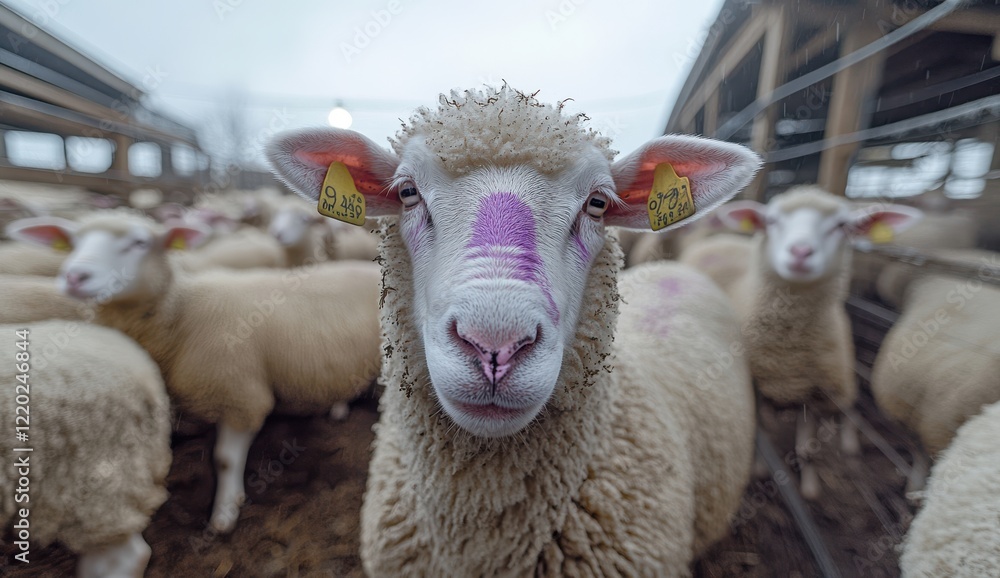 Poster close-up of a sheep with colorful marking in a farm environment surrounded by other sheep, capturing