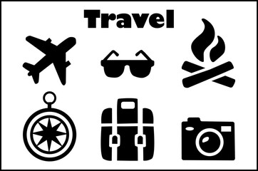 Travel Icons Set - Plane, Backpack, Compass, Camera, Campfire, Sunglasses - Black Vector