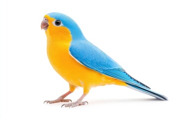 Vibrant blue and yellow parakeet standing gracefully on a white background, showcasing its colorful plumage