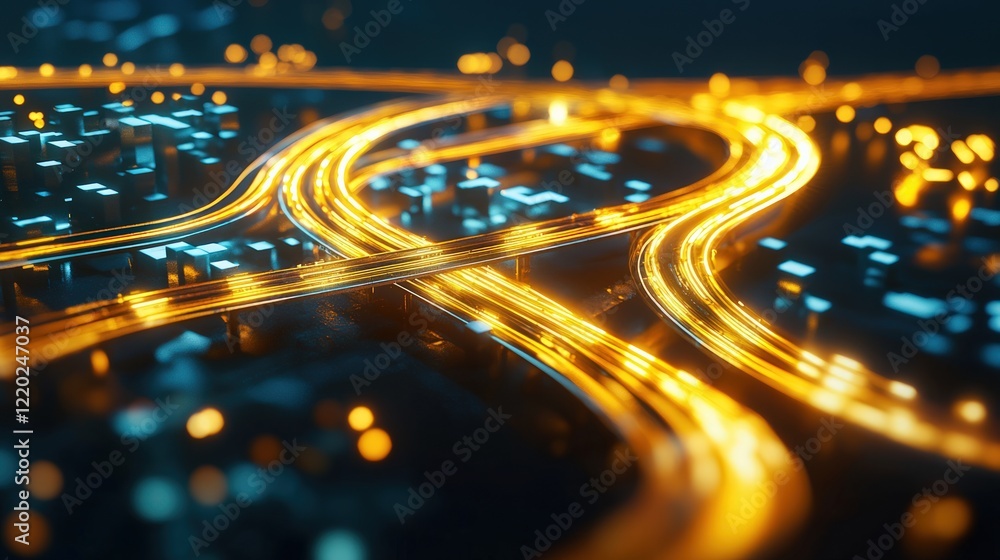 Poster an aerial view of illuminated highways, showcasing intricate traffic patterns against a dark backgro