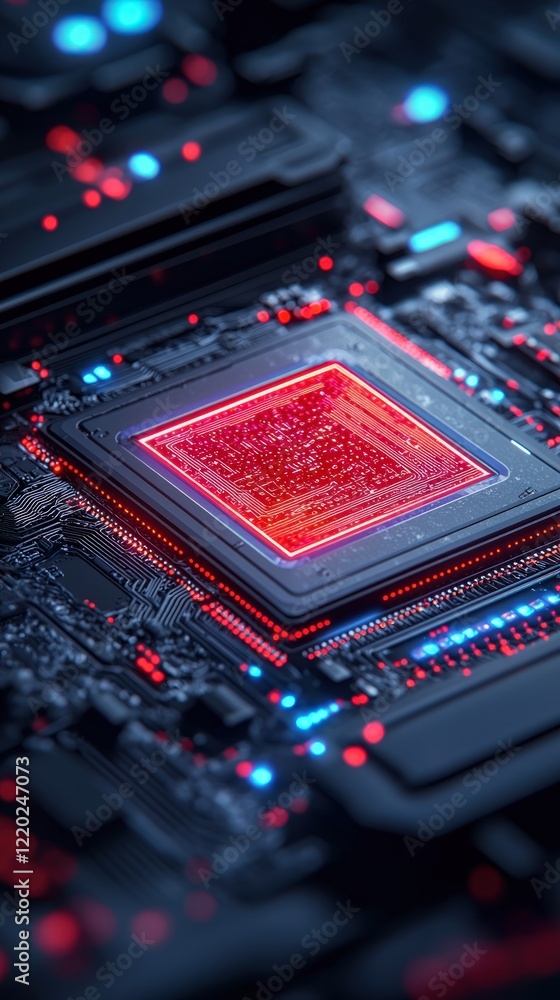 Poster a close-up view of a modern microchip with vibrant red and blue lighting, showcasing intricate detai