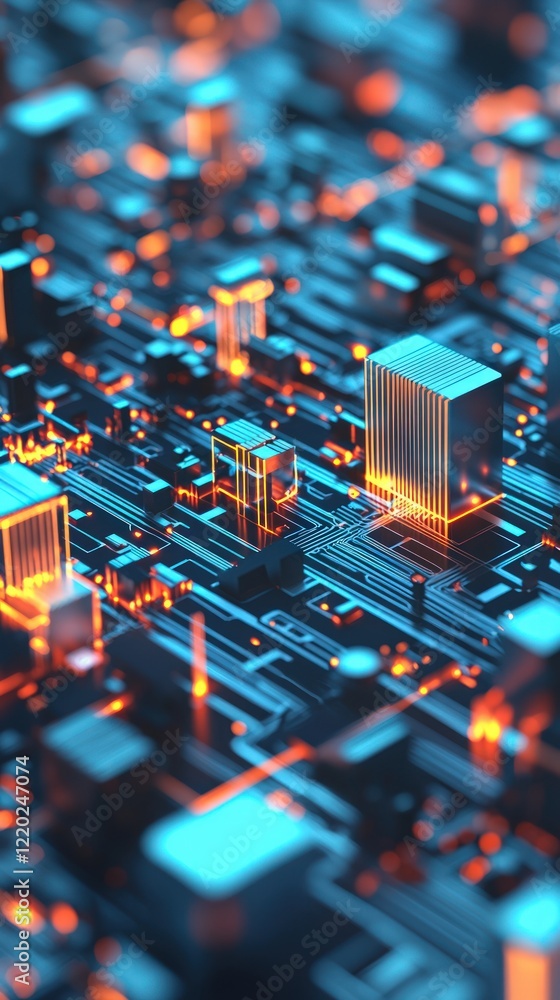 Poster a vibrant, close-up view of a circuit board featuring glowing components and intricate patterns, sho