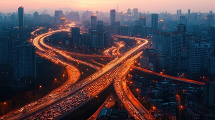 Fototapeta premium A bustling urban highway illuminated by vehicle lights, weaving through a cityscape at dusk, showcasing the vibrancy and complexity of city life.