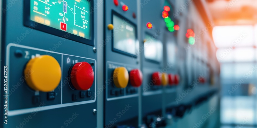 Poster a close-up of control panels featuring buttons and screens, highlighting the technology used in indu