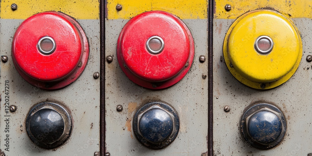 Poster this image features three colorful buttons-two red and one yellow-mounted on a metallic surface, sho