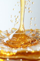 Golden liquid pouring, creating dynamic splash and droplets.