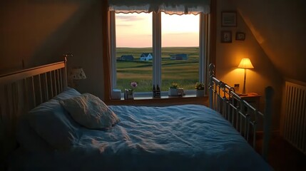 Minimalist bedroom with a slanted roof, natural wood finishes, neutral bedding, and open triangular windows showcasing mountain views 
