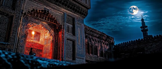Obraz premium Serene Moonlight Night at Islamic Mosque Architectural Detail Full Moon