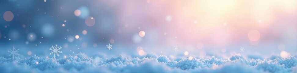 Naklejka premium Delicate snowflakes fall gently on a gradient sky, peaceful, fog, frost