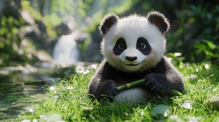 Obraz premium Cute panda cub eating bamboo by stream, jungle background, nature illustration