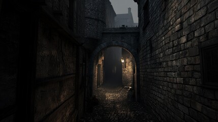 A dark alley in an old medieval town, a small archway leading to another street, brick walls and stone buildings, dim lighting casting shadows on the ground, a sense of mystery and history.