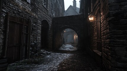 Fototapeta premium A dark alley in an old medieval town, a small archway leading to another street, brick walls and stone buildings, dim lighting casting shadows on the ground, a sense of mystery and history.
