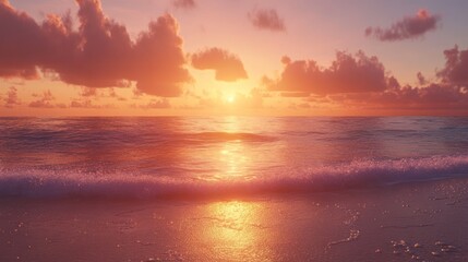 Fototapeta premium A breathtaking ocean sunset with orange sky and calm waves reflecting the sunlight