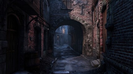 A dark alley in an old medieval town, a small archway leading to another street, brick walls and stone buildings, dim lighting casting shadows on the ground, a sense of mystery and history.