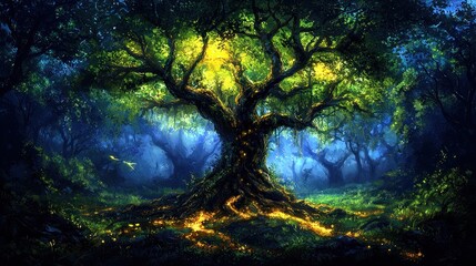 Glowing Tree Forest Mystical Fantasy Game Background
