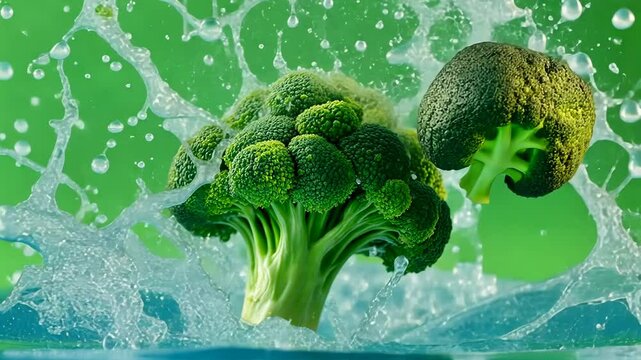 Fresh Broccoli Splashing into Water Vibrant Green Vegetable