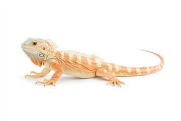 Naklejka premium A vibrant orange and white bearded dragon lizard posing on a clean white background, showcasing its unique colors