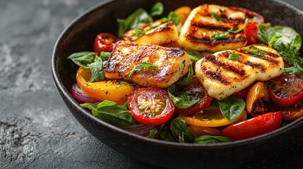 Grilled cheese salad in bowl on dark surface, possible menu item or recipe