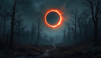dark scary forest scene with surreal eclipse, apocalyptic landscape