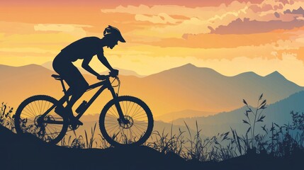 Obraz premium Mountain biker sunset silhouette, adventure, hills