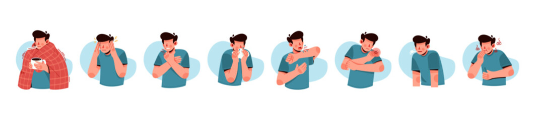 Set of man suffer from flu, high fever, chill, runny nose, congestion, cough, headache, fatigue, muscle and joint pain, sore throat, vomiting. Seasonal influenza symptoms illustration collections